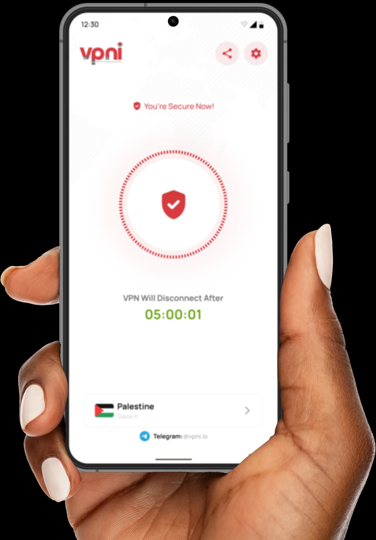 A hand holding a phone running VPNi.io, showing a connected session