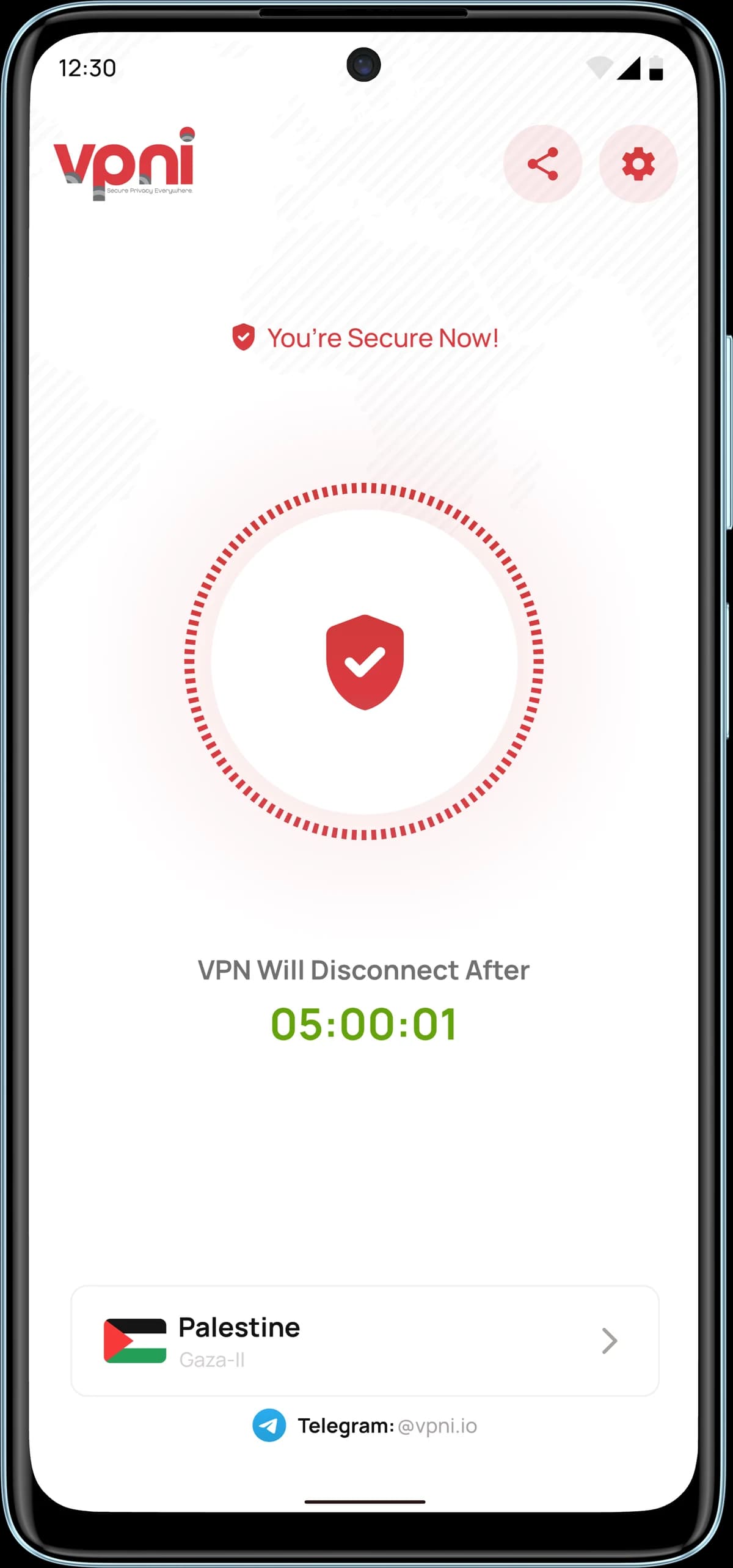 The VPNi.io app connected, showing a secured session and the selected server location